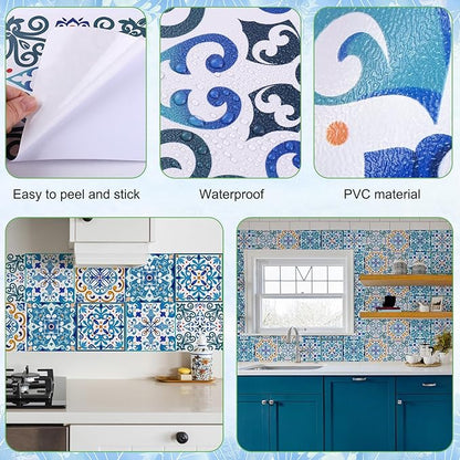 AM AMAONM 10pcs 20x20cm Removable Square Vintage Floral Pattern Tile Stickers 3D Decorative Peel and Stick Vinyl Self Adhesive Wall Tiles Decor Decals for Kitchen Backsplash Bathroom Furniture (G)