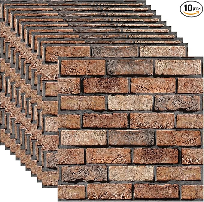 3D Wall Panels Peel and Stick - 10 Pack Brick Textured PVC Panels, Waterproof Self-Adhesive Wall Tiles for Accent Walls, Kitchen, Bathroom, Bedroom & Office Decor