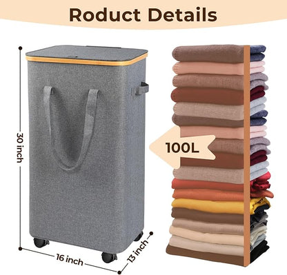 Large Laundry Hamper, 100L Laundry Basket with Handle and Removable Bag - Collapsible Clothes Basket Organizer for Laundry Room, Bedroom, Bathroom & Dorm - Grey