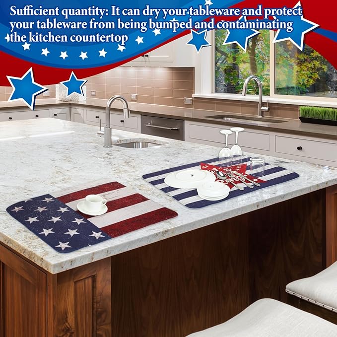 SiliFine 2 Pcs Memorial Day Dish Drying Mat for Kitchen 18 x 24 Inch 4th of July 250th Anniversary USA Patriotic Red White Blue Independence Day Star Microfiber Drainer Mat for Countertop