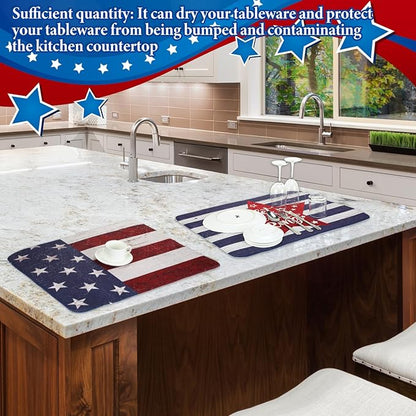 SiliFine 2 Pcs Memorial Day Dish Drying Mat for Kitchen 18 x 24 Inch 4th of July 250th Anniversary USA Patriotic Red White Blue Independence Day Star Microfiber Drainer Mat for Countertop