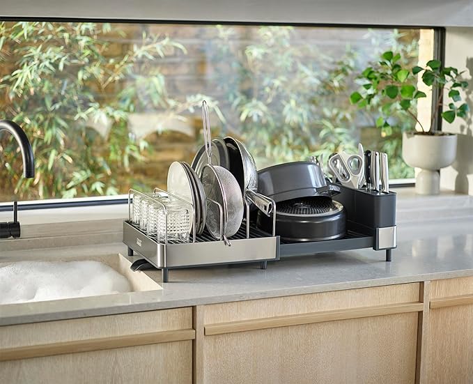 Joseph Joseph Extend Max Steel Expanding Dish Drying Rack, high Capacity for Large Items, Cutlery and Knife Holder, Swivel Draining Spout, Stainless Steel