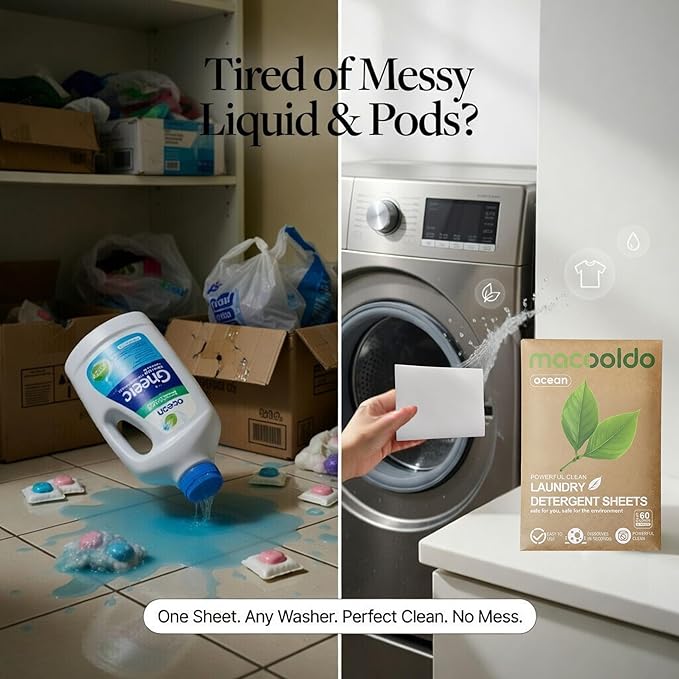 Macooldo Travel Laundry Detergent Sheets Paper Soap 60 Loads Loads for handwashing hats, lingerie, bras, panties, and pantyhose. Perfect for Travel, Cruise, Camping, Dorms, Laundromat, Ocean Scent