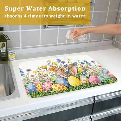 Easter Colorful Bunny Egg Flowers Dish Drying Mat 18 x 24 Inch Absorbent Reversible Microfiber Spring Butterfly Floral Rabbit Holiday Drying Mats Fast Dry Pad Draining Mat For Kitchen Countertop