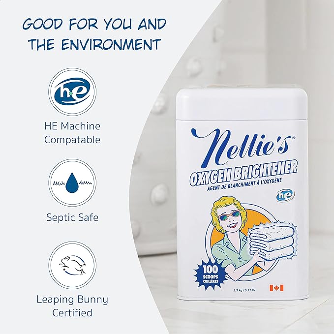 Nellie's Oxygen Brightener - 100 Scoops - Planet Friendly Stain Remover - Safe Alternative to Bleach - Septic-Safe Formula - Compact Powder Form - Made in Canada