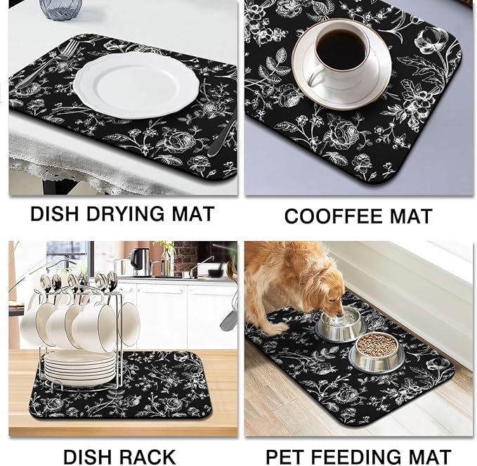 Dish Drying Mat for Kitchen Counter 2 Pack with Non-Slip Rubber Backing - Heat-Resistant Absorbent Coffee Bar Mat, Dish Rack Mat, Black Flower Dish Drying Mats 18x24+19.5x12 inch