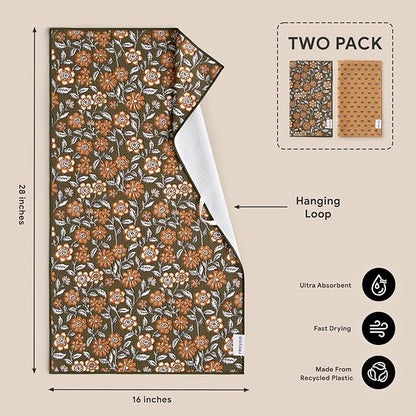 RECYCO Waffle Kitchen Towel Set of 2 - Quick Dry Microfiber Sustainable Dish Towels - Ultra Absorbent Reusable Cleaning Tea Towels - Lightweight Hand Towels,16”x 28”, Amber Flora