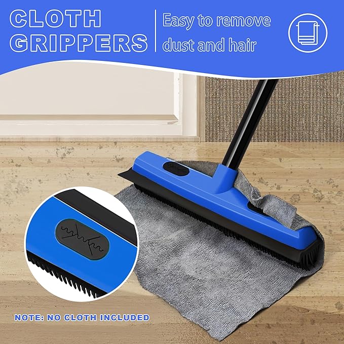 Rubber Broom Carpet Brush with Squeegee, Pet Hair Remover with 52.8 inches Long Handle, Detailing Lint Fur Removal Tool, Silicone Rug Rake for Cleaning Hardwood Floor, Tile, Window (Blue)