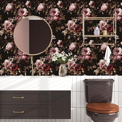 Black Floral Wallpaper Peel and Stick Pink Peony Vintage Flowers with Dark Brown Leaf Vinyl Self Adhesive Removable Contact Paper Wall Mural for Bedroom Walls Living Room Cabinets Decor 17.5" x 118"