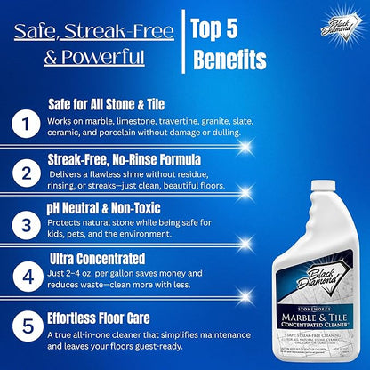 Black Diamond Stoneworks MARBLE & TILE FLOOR CLEANER. Great for Ceramic, Porcelain, Granite, Natural Stone, Vinyl and Brick. No-rinse Concentrate. (1-Quart)