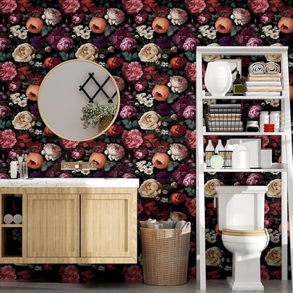 Fvlow Dark Floral Wallpaper Peel and Stick Vintage Colorful Flower Contact Paper 17.4" x 118" Black Floral Wallpaper Waterproof Self-Adhesive Wall Covering for Bedroom Countertop Desk Cabinet