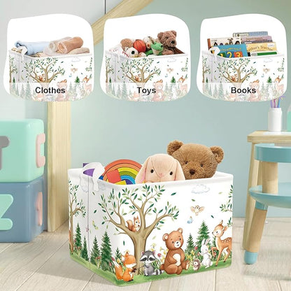 Forest Animals Laundry Hamper Woodland Tree Large Storage Basket Parents Organizer Kids Clothes Toy Bins for Bedroom, Bathroom, Bear, 36L
