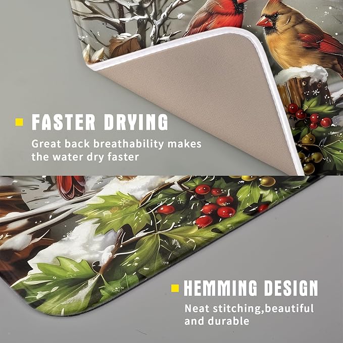 Winter Dish Drying Mat for Kitchen Counter 16x18 Inch Red Birds Cardinal Tree Christmas Theme Print Absorbent Reversible Microfiber Drying Mats Kitchen Countertop Protector Dishes Drainer Rack Pad