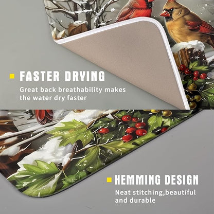 Winter Dish Drying Mat for Kitchen Counter 16x18 Inch Red Birds Cardinal Tree Christmas Theme Print Absorbent Reversible Microfiber Drying Mats Kitchen Countertop Protector Dishes Drainer Rack Pad