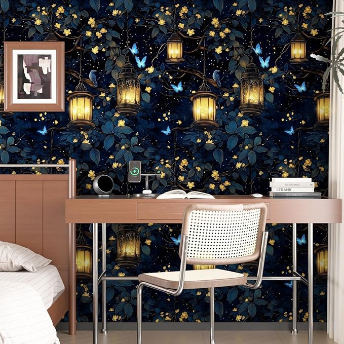 Extra Long Dark Floral Peel and Stick Wallpaper, 17.5In x 393In Fantasy Wonderland Forest Self-Adhesive Removable Wall Paper for Bedroom Cubicle Cabinet Drawer, Vinyl Contact Paper Black Blue