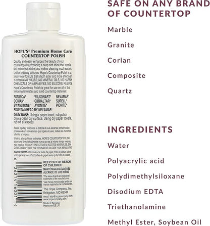 HOPE'S Countertop Restoration Polish - Shines and Protects with No Build-Up - Streak-Free Kitchen Counter Cleaner - Quartz, Marble, Corian, Laminate, Granite Countertop Cleaner, 8 Fl Oz, Pack of 1