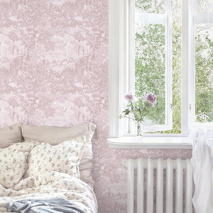Ismoon Pink Peel and Stick Wallpaper Neutral Wall Paper 17.3in×6.56ft Vintage Removable Self-Adhesive Wallpaper Animals Jungle Contact Paper for Cabinets Bathroom Walls Covering Vinyl Roll