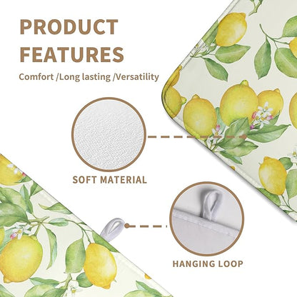 Summer Lemon Drying Mat Watercolor Fruit Yellow Lemon With Green Leaf Floral Dish Drying Mats for Kitchen Counter 18×24 Inch Microfiber Absorbent Dish Pad