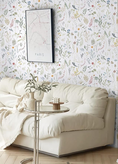 Dimoon 787"x16.1" Floral Peel and Stick Wallpaper White Contact Paper Thicken Wallpaper Delicate Flower Waterproof Green Leaf White Self Adhesive Removable Wall Paper Shelf Liner Decal Vinyl Roll