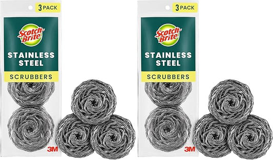 Scotch-Brite Stainless Steel Scrubber for Cleaning Kitchen, Household, and Dishes - 3 Scrubbers (Pack of 2)