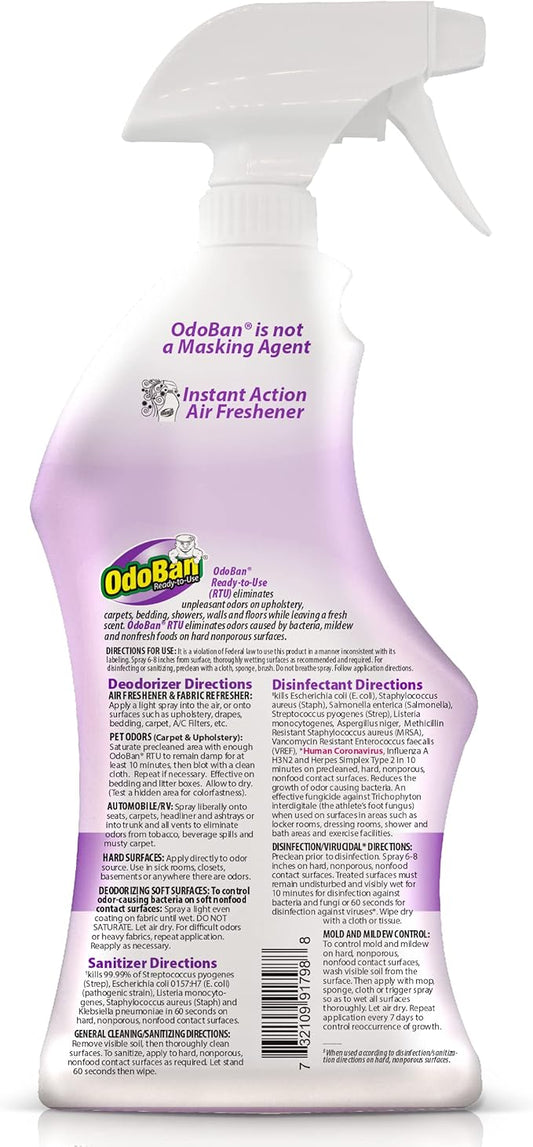 OdoBan Ready-to-Use Disinfectant and Odor Eliminator, Made in the USA, Lavender Scent, Set of 2, 32 oz Spray and 1 Gallon Concentrate