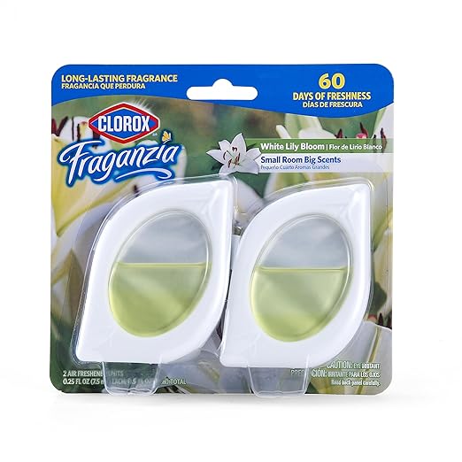 Clorox Fraganzia Small Rooms Air Freshener, White Lily Bloom Scent - Peel & Place Air Freshener, No-Plug, Battery-Free for Closets, Laundry Room, Entry Way, Bathroom, Locker, 0.25 Fl Oz Each, 2 Count