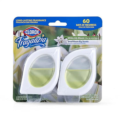 Clorox Fraganzia Small Rooms Air Freshener, White Lily Bloom Scent - Peel & Place Air Freshener, No-Plug, Battery-Free for Closets, Laundry Room, Entry Way, Bathroom, Locker, 0.25 Fl Oz Each, 2 Count