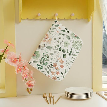 Spring Floral Drying Mat 18x24 Inches For Kitchen Counter Absorbent Summer Watercolor Green Flower Leaf Kitchen Drying Mat Pad For Home Kitchen,Dining Room,Office Decoration