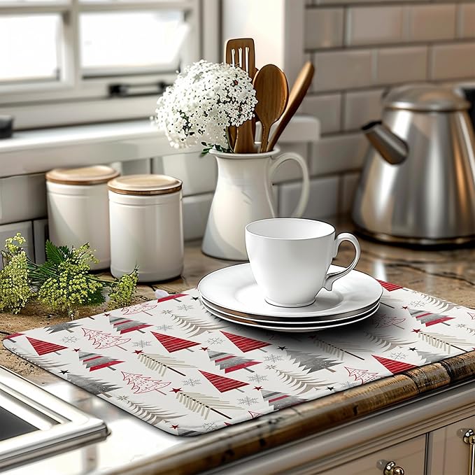 Christmas Dish Drying Mats for Kitchen Counter Xmas Tree Drying Mat Winter Holiday Dishes Drying Pad Microfiber Absorbent Dish Draining Mat Washable Dish Drainer Rack Mat 18x24 Inch