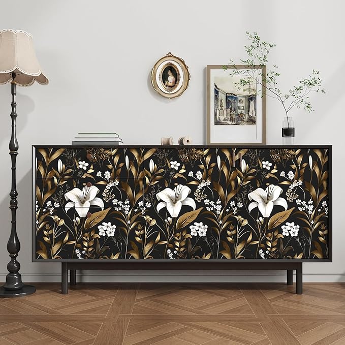 Laatse Black Gold Wallpaper Peel and Stick, Dark White Floral Vintage Contact Paper 17.5" x 197", Golden Botanical Wall Paper Self Adhesive Removable Waterproof for Bedroom Shelf Drawer Table Decor