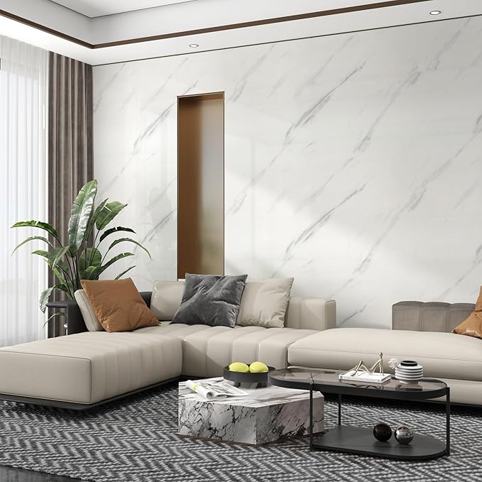 JSEVEM 16"×118" Thick White and Grey Marble Wallpaper Peel Stick Waterproof White Gray Marble Contact Paper Vinyl Wrap Glossy Self Adhesive Granite Tile Sticker for Kitchen Cabinets Table Countertops