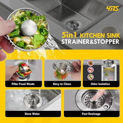 5-in-1 Stainless Steel Sink Aid, Kitchen Sink Drain Strainer Food Catcher, Popup Kitchen Sink Stopper & Odor Filter, Kitchen Sink Strainer Accessories with Drain Basket (Classic Brushed)