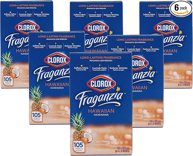 Clorox Fraganzia Fabric Softener Dryer Sheets, Wrinkle Reducing and Anti Static Laundry Dryer Sheets for Great Smelling Clothes, Softens Fabrics, Hawaiian Escape Scent, 105 Count - 6 Pack
