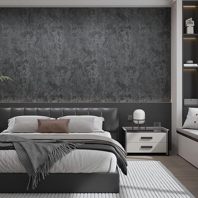 Grey Black Concrete Wallpaper Peel and Stick 24"x394" 3D Thick Dark Grey Concrete Cement Contact Paper Vinyl Matte Textured Waterproof Removable Adhesive Sticker for Bedroom Bathroom Walls
