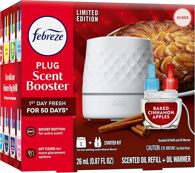 Febreze Plug Scent Booster Starter Kit, Oil Diffuser, Air Freshener Plug in, Continuous Scent, 2 Devices + 2 Baked Cinnamon Apple Refill