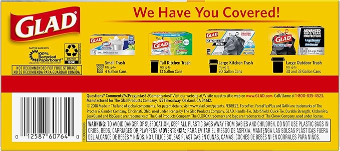 Glad Tall Kitchen Trash Bags 13 Gallon, Unscented Garbage Bags, Handle-Tie, 50 Count