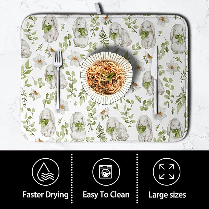 Easter Bunny Floral Drying Mat for Kitchen Counter Spring Easter Rabbits Green Leaves Dry Dish Mat Absorbent Microfiber Dish Draining Washable Dish Drainer Rack Mat Large 18x24 Inch