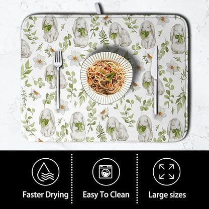Easter Bunny Floral Drying Mat for Kitchen Counter Spring Easter Rabbits Green Leaves Dry Dish Mat Absorbent Microfiber Dish Draining Washable Dish Drainer Rack Mat Large 18x24 Inch