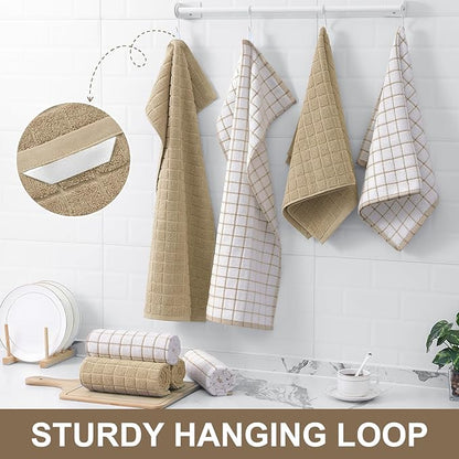 Homaxy Premium Cotton Kitchen Towels 16"x 28", Large Natural Ring Spun 390 GSM Dish Towels, Super Absorbent Terry Kitchen Hand Towels, Soft Tea Towels with Hanging Loop, Tan Check Design, 6 Pack