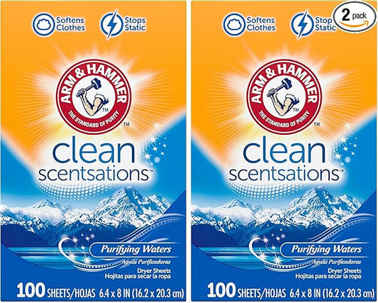 ARM & HAMMER Fabric Softener Sheets, Purifying Waters, 100 sheets (Pack of 2)