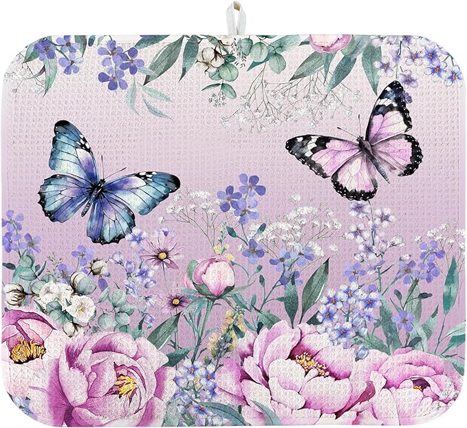 Dish Drying Mat for Kitchen Counter 16x18 Inch, Super Absorbent Dish Drainer Mat, Decorative Microfiber Dishes Drying Pad-Small(Purple Butterfly)