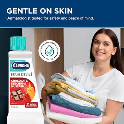 Carbona Stain Devils® #2 | Ketchup, Mustard & Chocolate | Professional Strength Laundry Stain Remover | Multi-Fabric Cleaner | Safe On Skin & Washable Fabrics | 1.7 Fl Oz, 3 Pack