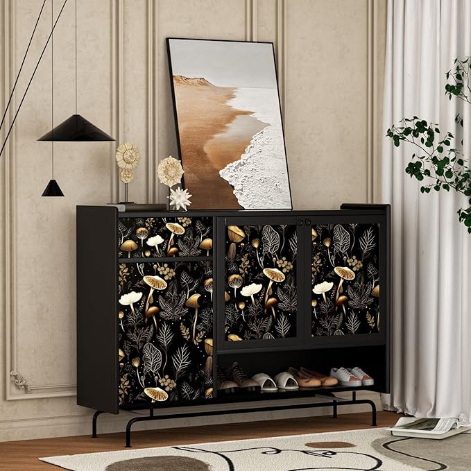 Laatse Black Gold Wallpaper Peel and Stick Dark Floral Contact Paper 17.5" x 393" Vinyl Self Adhesive Vintage Mushrooms Wall Mural Leaf Wall Paper for Room Countertop Drawer Decor Cabinet