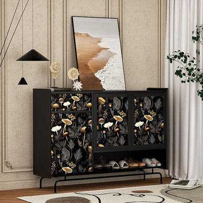Laatse Boho Wallpaper Peel and Stick Dark Floral Contact Paper 17.5" x 118" Vinyl Self Adhesive Vintage Mushrooms Wall Mural Leaf Wall Paper for Room Countertop Drawer Decor(Golden,Black)