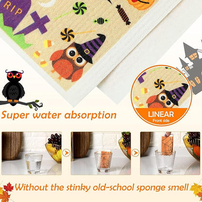 Honeydak 6 Pcs Halloween Swedish Dish Towels Ghost Pumpkin Swedish Kitchen Towels Washable Reusable Halloween Dish Cloths Witch Absorbent Fast Drying Cleaning Cloth for Home Party Decor