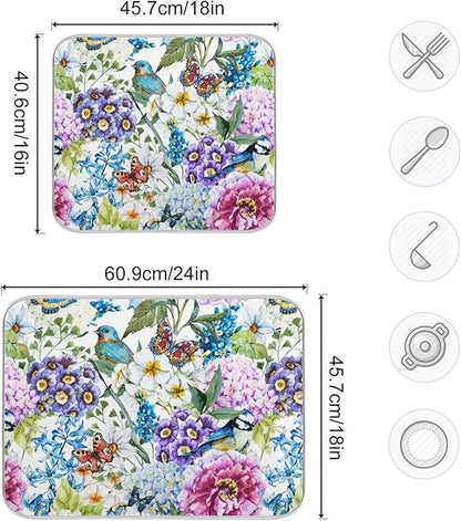 Floral Birds Dish Drying Mat for Kitchen Spring Globe Daisy Butterfly Flowers Microfiber Drying Mats Absorbent Reversible Dish Pad Large Dish Draining Mat 18x24 inch