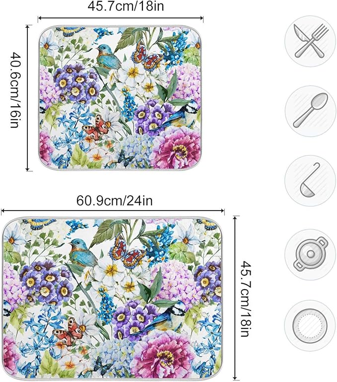 Floral Birds Dish Drying Mat for Kitchen Spring Globe Daisy Butterfly Flowers Microfiber Drying Mats Absorbent Reversible Dish Pad Medium Dish Draining Mat 16x18 inch