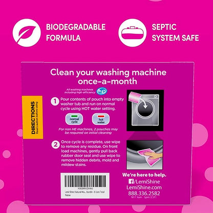 Lemi Shine Washing Machine Cleaner - Hard Water Citric Acid Cleaning Powder - Includes Machine Cleaning Wipes - 16.88 oz (8 Pack)