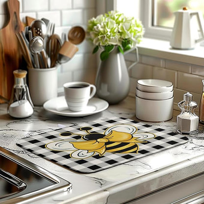 Summer Bumble Bee Drying Mat for Kitchen Counter 16×18 Inch Black White Buffalo Check Honey Bee Print Dish Drying Mats Kitchen Accessories Dish Rack Mat