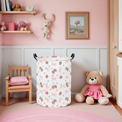 Baby Laundry Hamper kids laundry Basket Waterproof Storage Bin for Bedroom Toy Clothes Organizer Basket Woodland Animals Room Décor(Bowknot Strawberry)